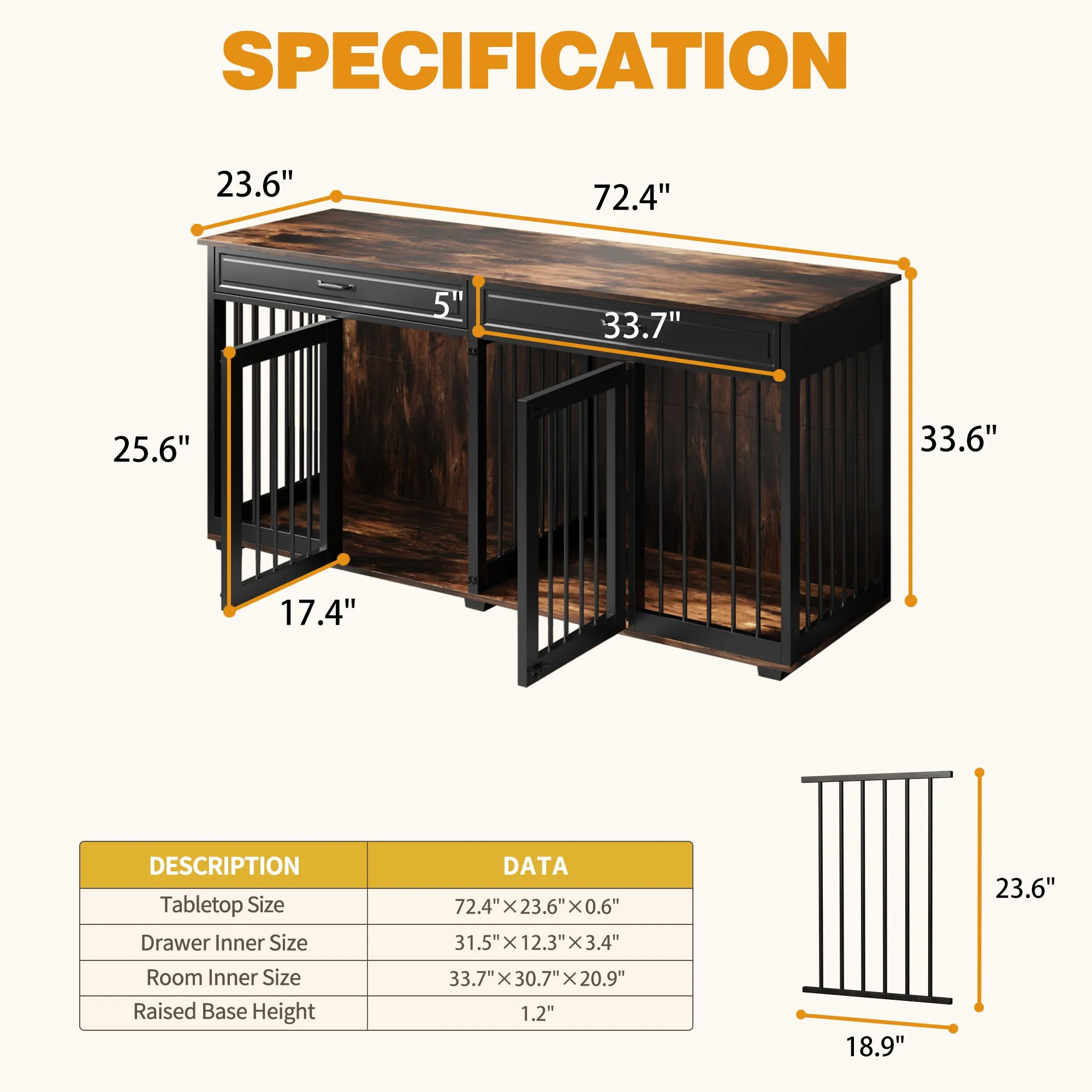 Large Wooden Dog Crate Furniture with 2 Drawers and Divider