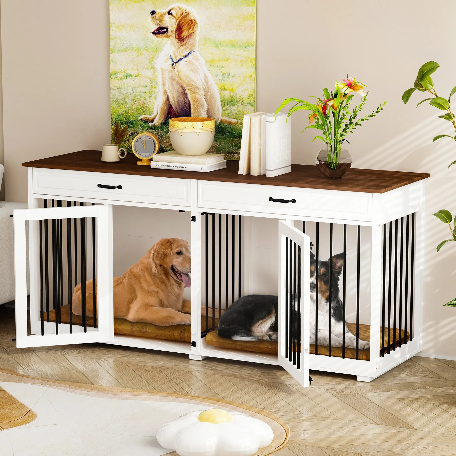 Large Wooden Dog Crate Furniture with 2 Drawers and Divider