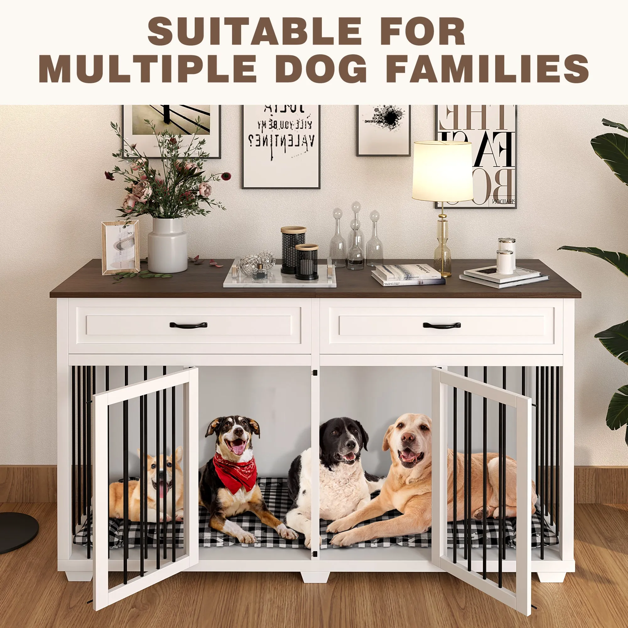 Large Wooden Dog Crate Furniture with 2 Drawers and Divider