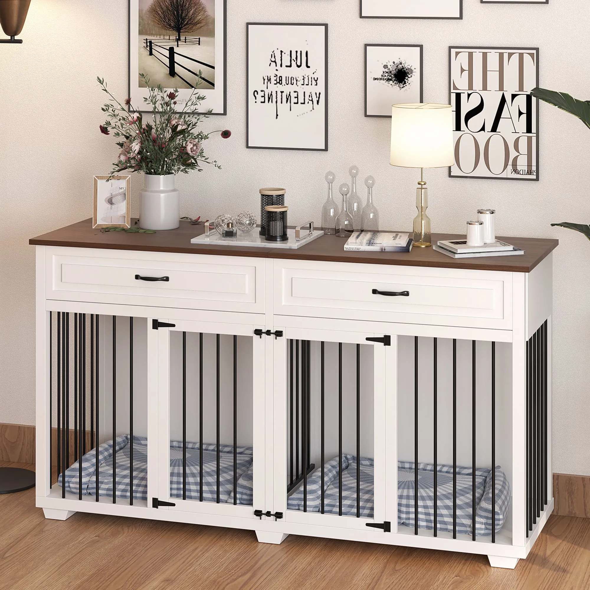 Large Wooden Dog Crate Furniture with 2 Drawers and Divider