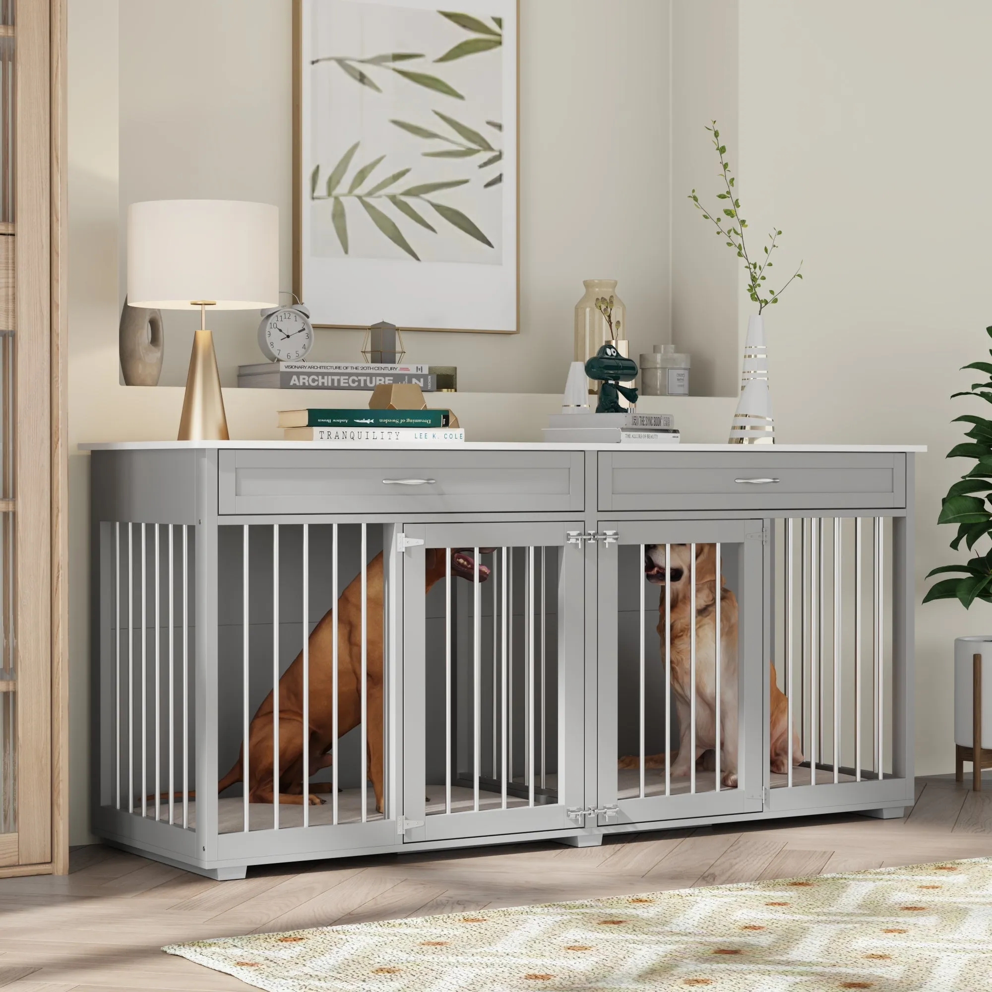 Large Wooden Dog Crate Furniture with 2 Drawers and Divider