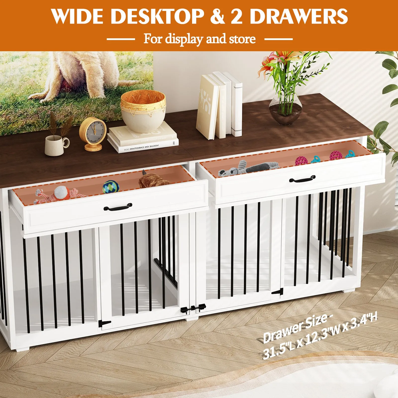 Large Wooden Dog Crate Furniture with 2 Drawers and Divider