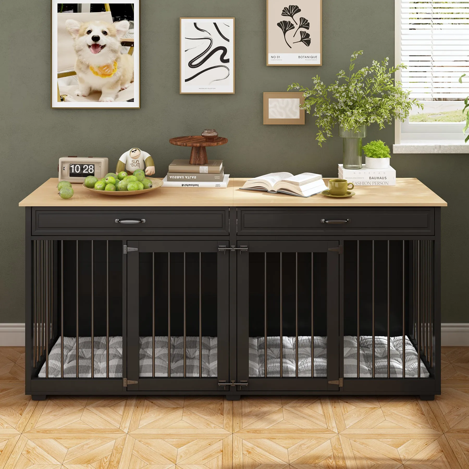 Large Wooden Dog Crate Furniture with 2 Drawers and Divider