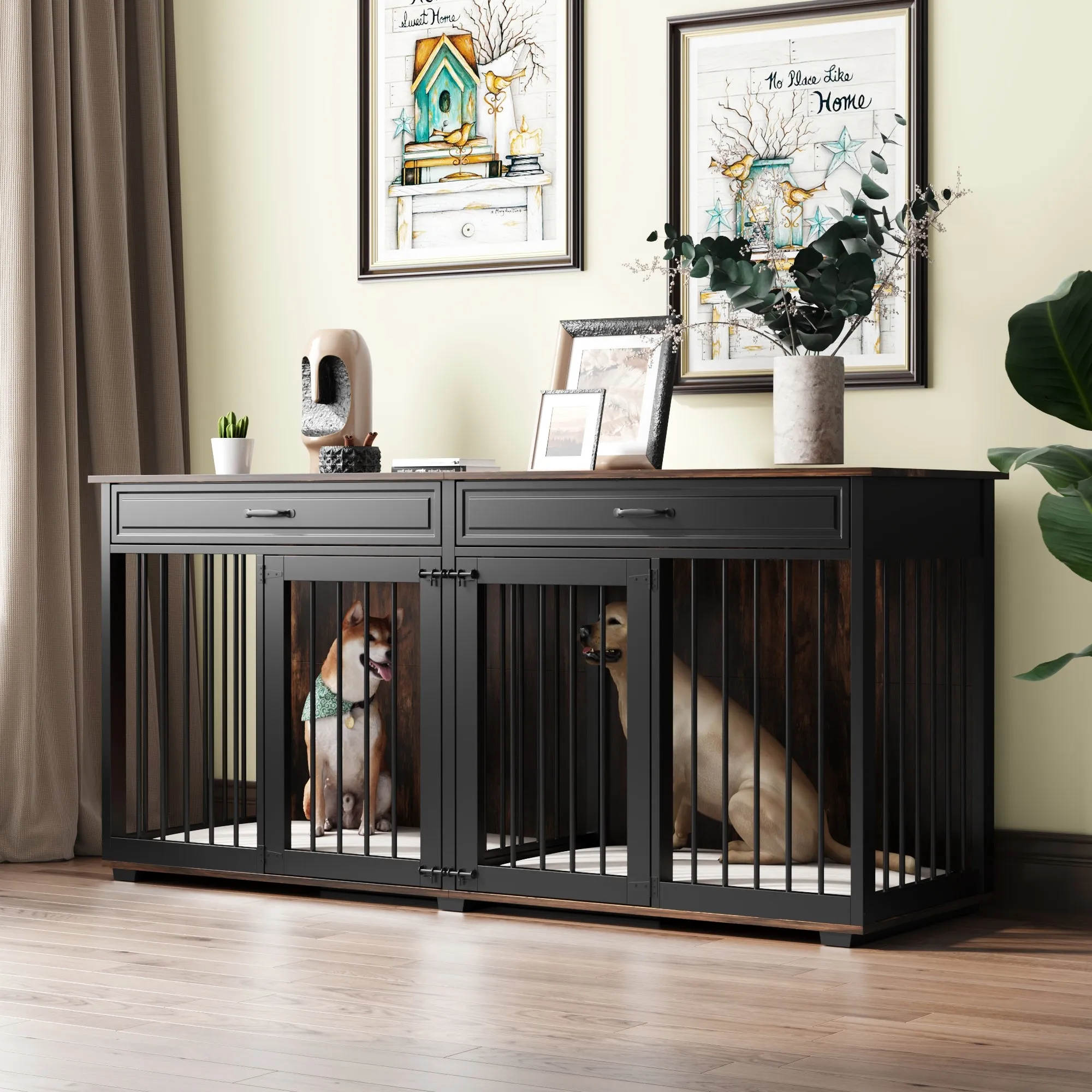 Large Wooden Dog Crate Furniture with 2 Drawers and Divider