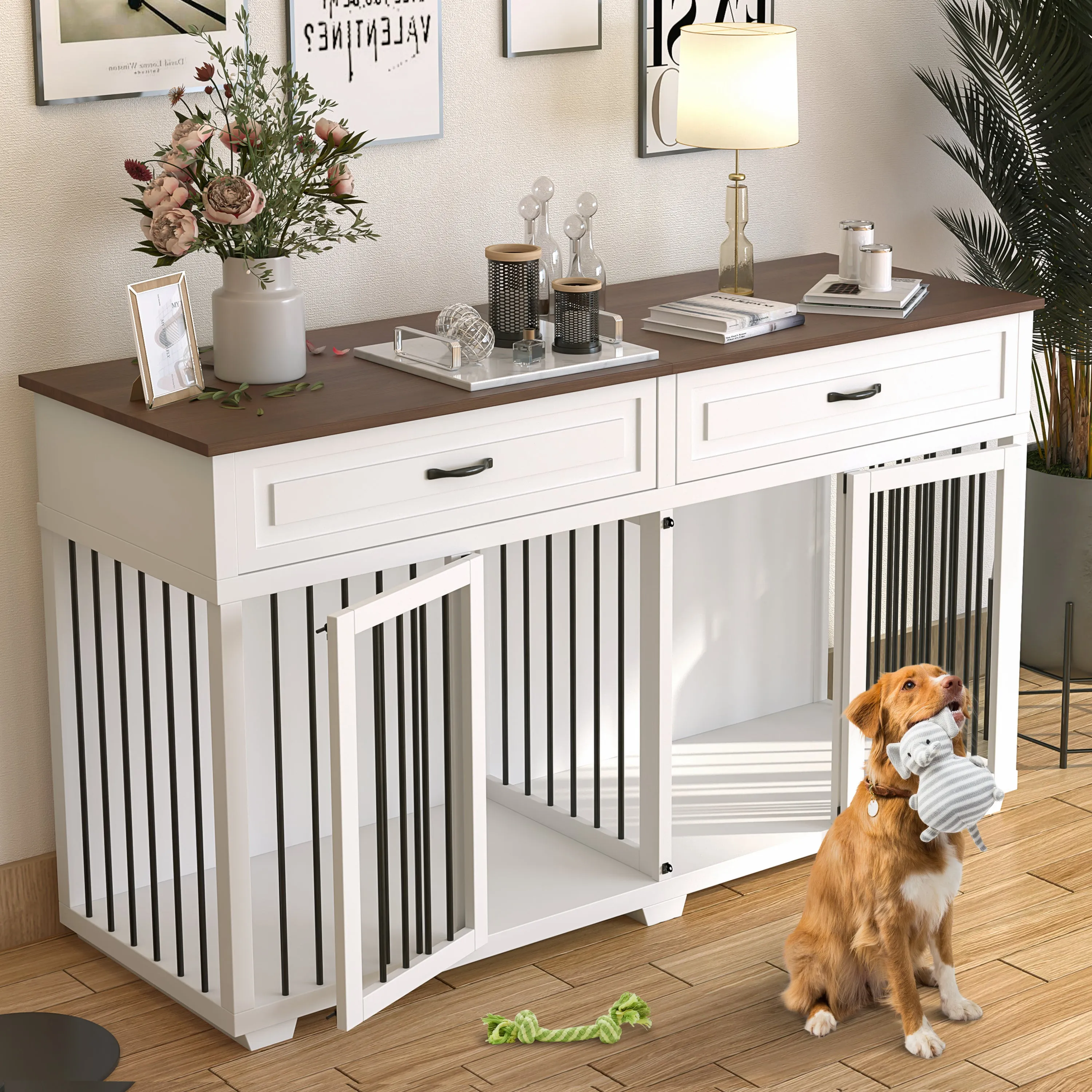 Large Wooden Dog Crate Furniture with 2 Drawers and Divider