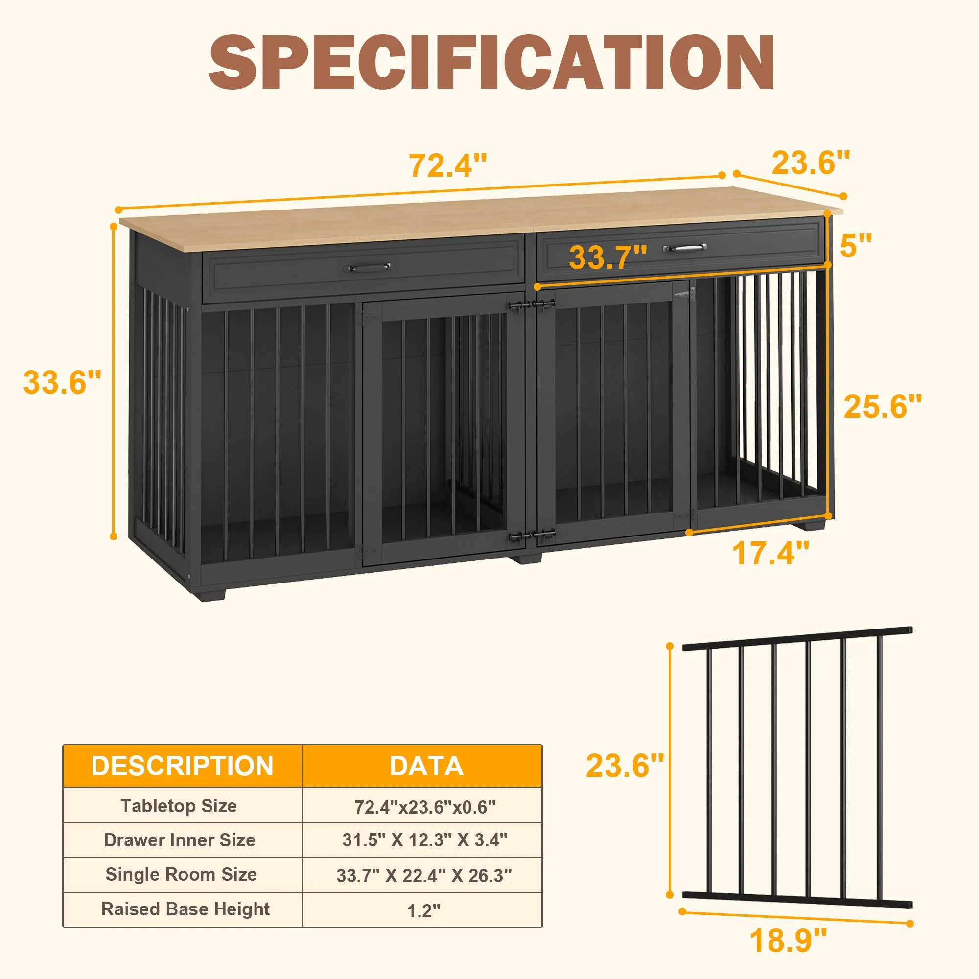 Large Wooden Dog Crate Furniture with 2 Drawers and Divider