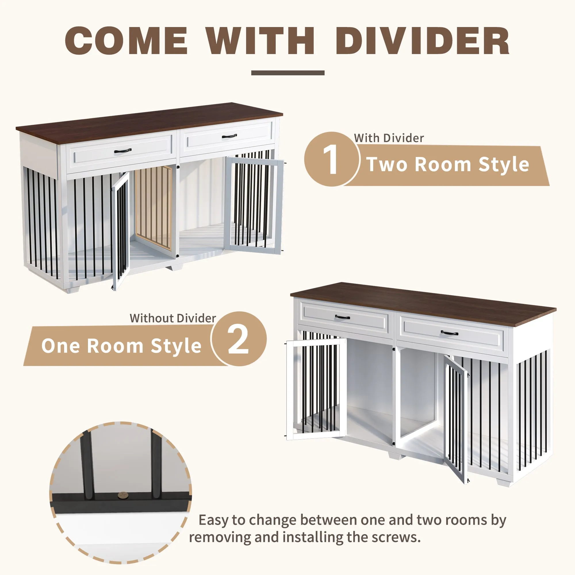 Large Wooden Dog Crate Furniture with 2 Drawers and Divider