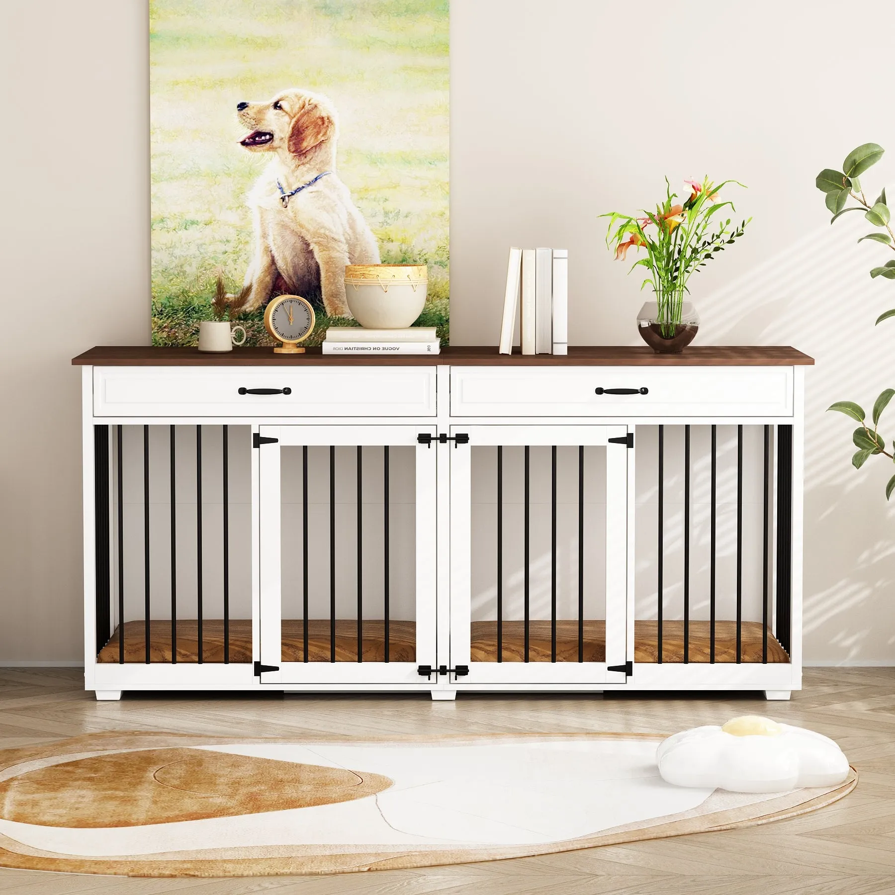 Large Wooden Dog Crate Furniture with 2 Drawers and Divider