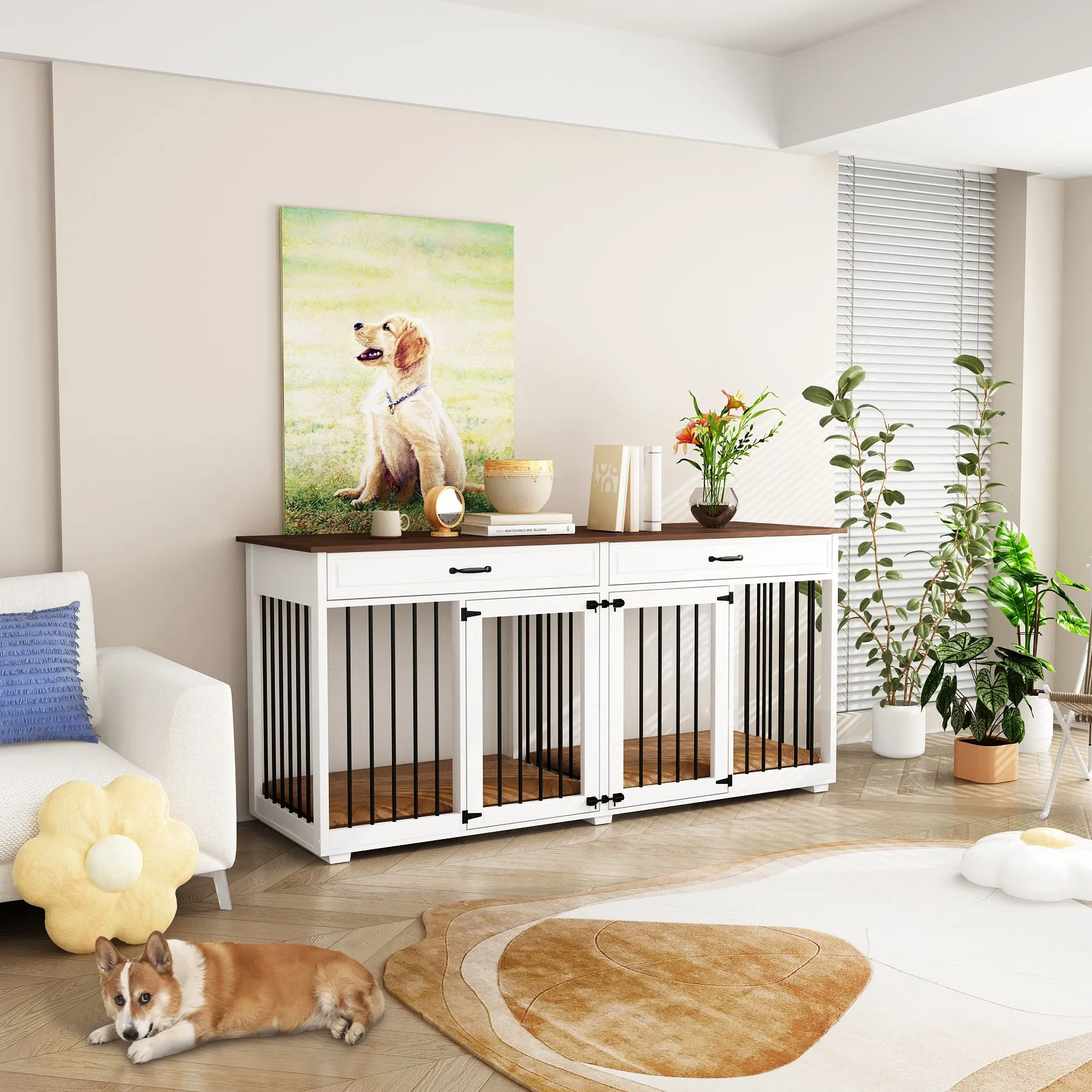 Large Wooden Dog Crate Furniture with 2 Drawers and Divider