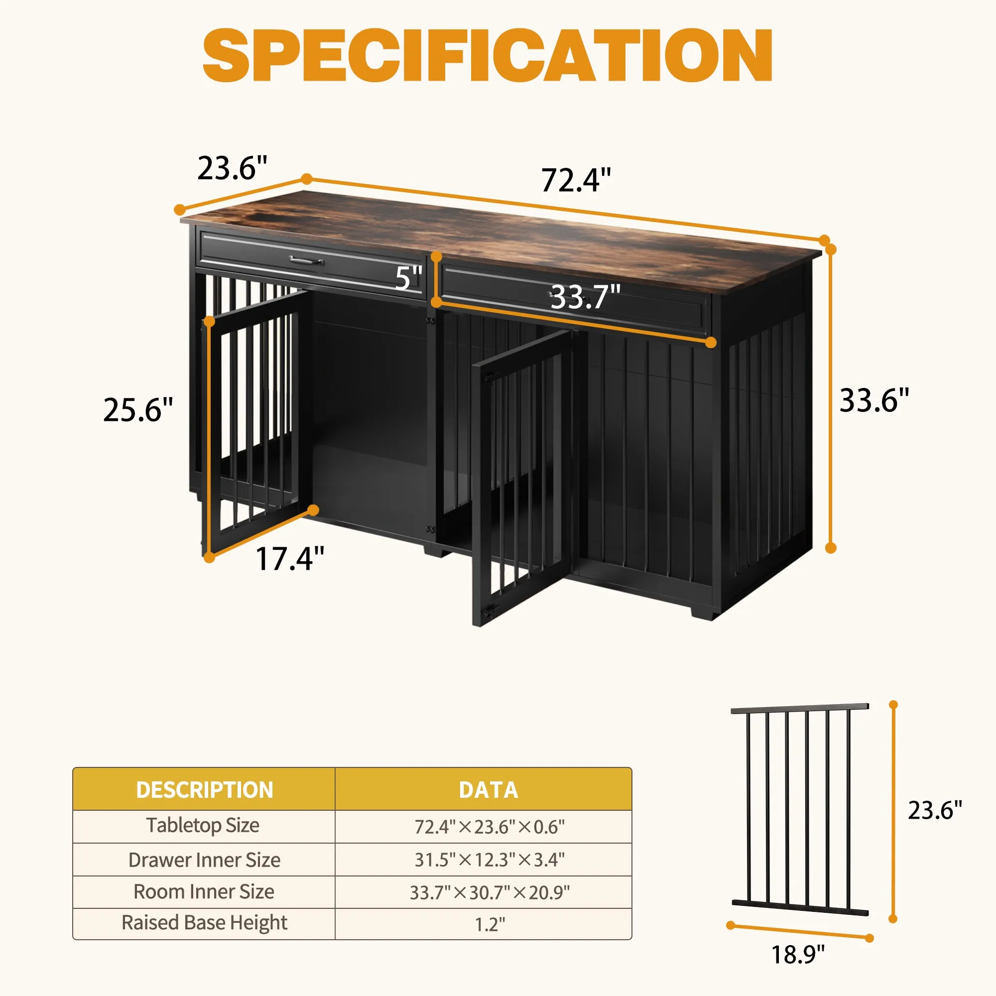 Large Wooden Dog Crate Furniture with 2 Drawers and Divider