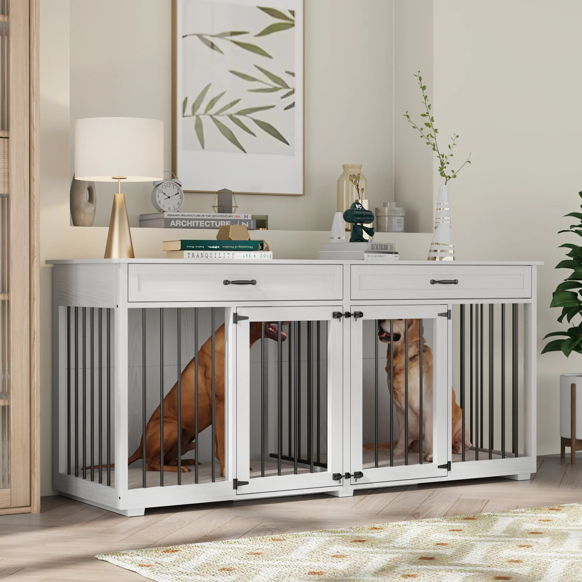 Large Wooden Dog Crate Furniture with 2 Drawers and Divider