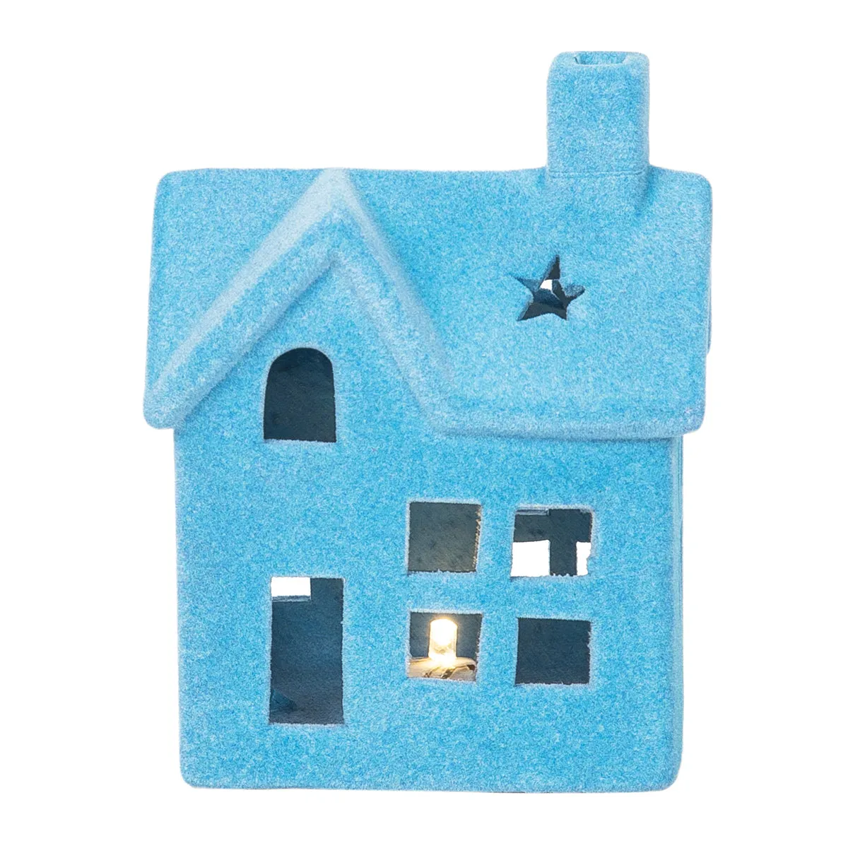 LED Small Flocked Blue House Figurine