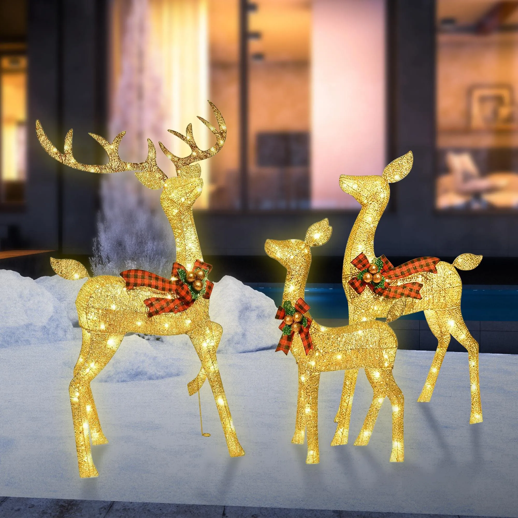 Lighted Christmas Lights Reindeer Family - 3-Piece Set with 210 Christmas Lights - Outdoor Yard Decoration Kit Including Reindeer, Stakes, and Extension Cord