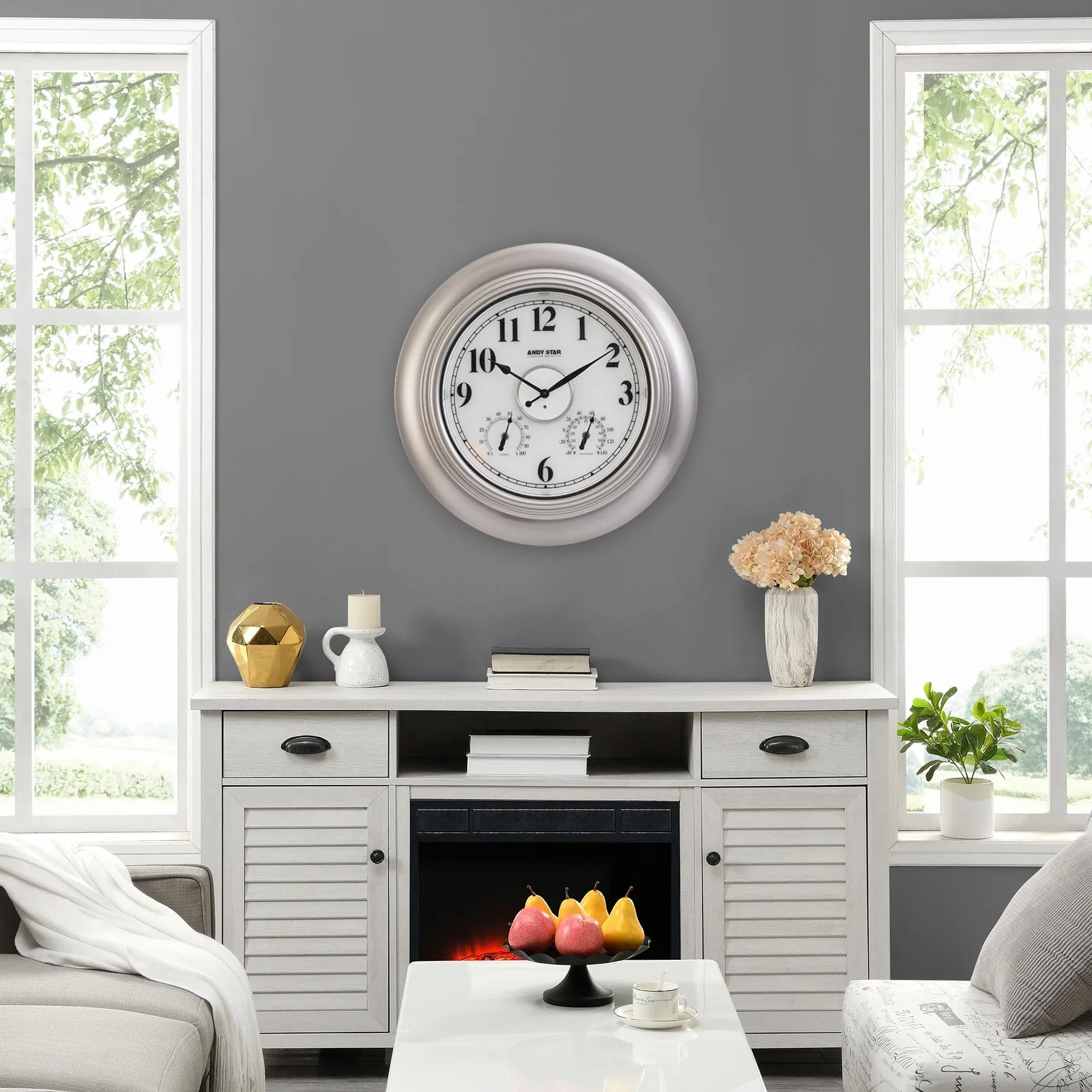 Modern Smart Illuminated Outdoor Wall Clock with Thermometer Weatherproof | Silver,21 inch