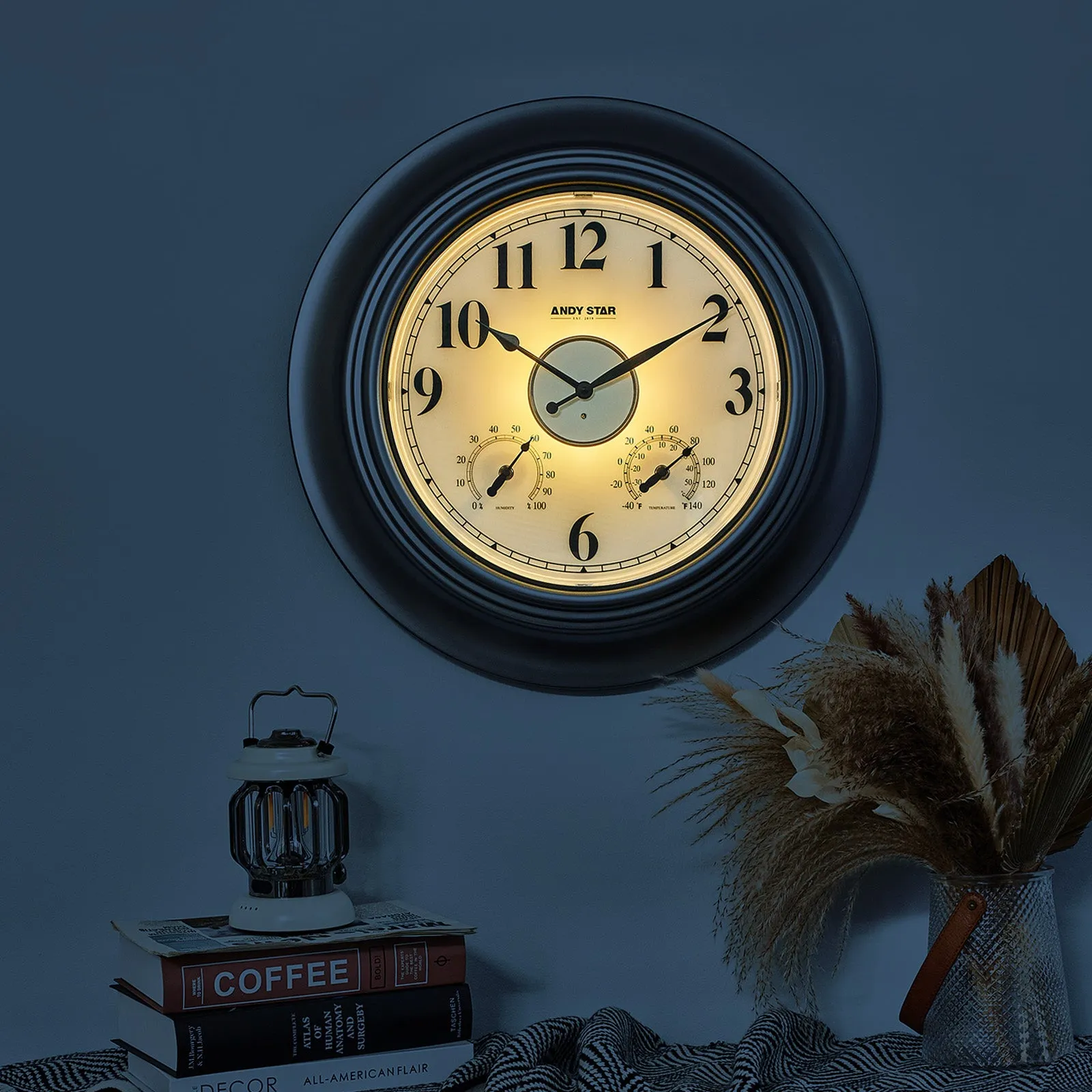 Modern Smart Illuminated Outdoor Wall Clock with Thermometer Weatherproof | Silver,21 inch