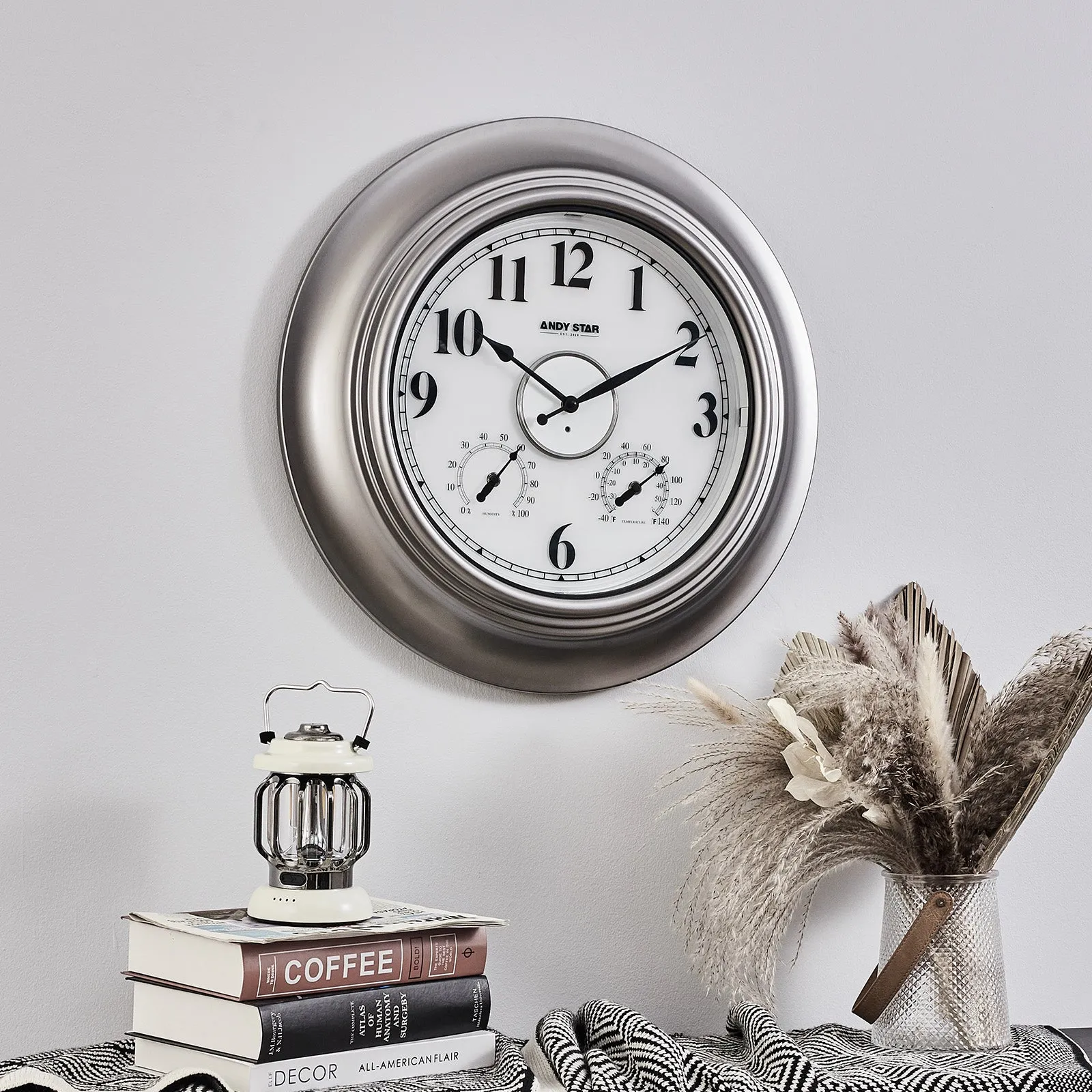 Modern Smart Illuminated Outdoor Wall Clock with Thermometer Weatherproof | Silver,21 inch