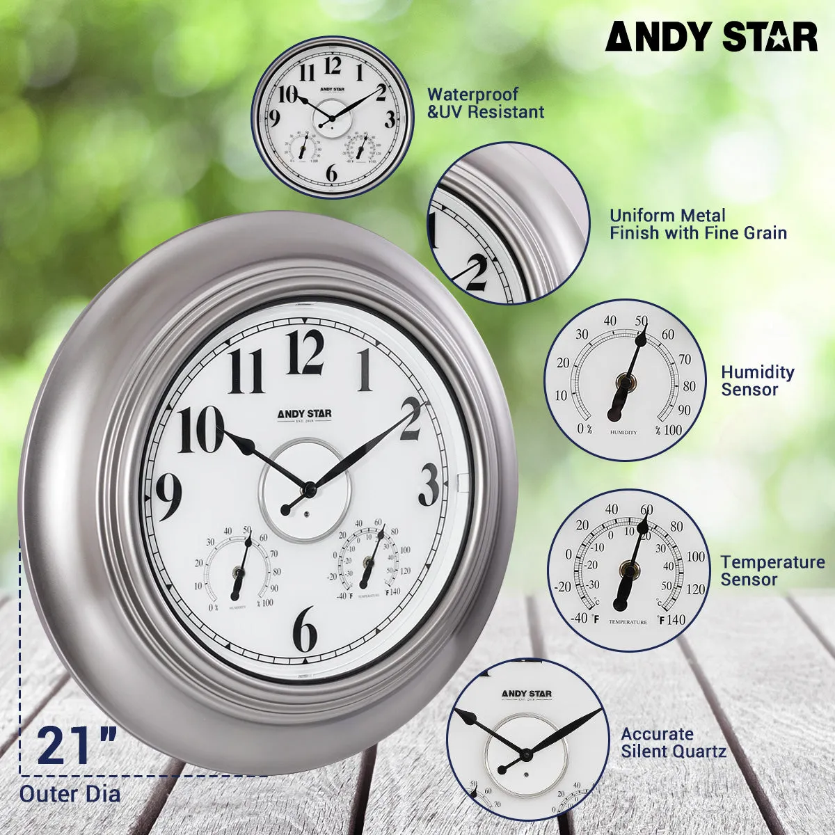 Modern Smart Illuminated Outdoor Wall Clock with Thermometer Weatherproof | Silver,21 inch