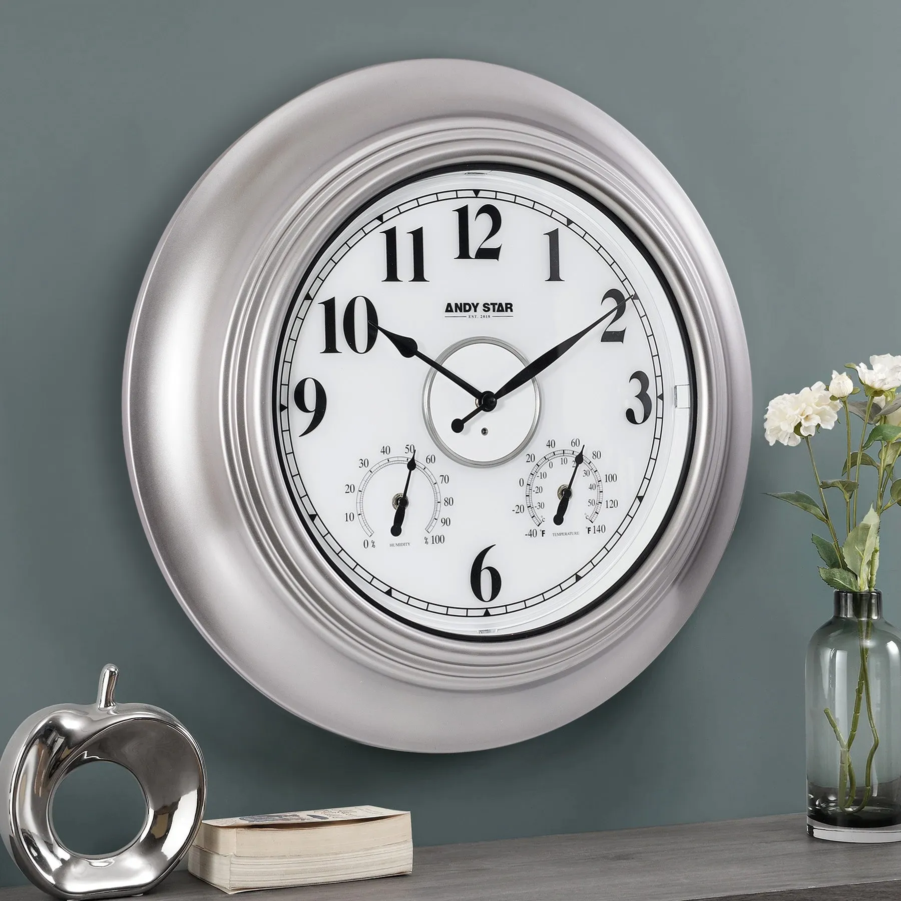 Modern Smart Illuminated Outdoor Wall Clock with Thermometer Weatherproof | Silver,21 inch