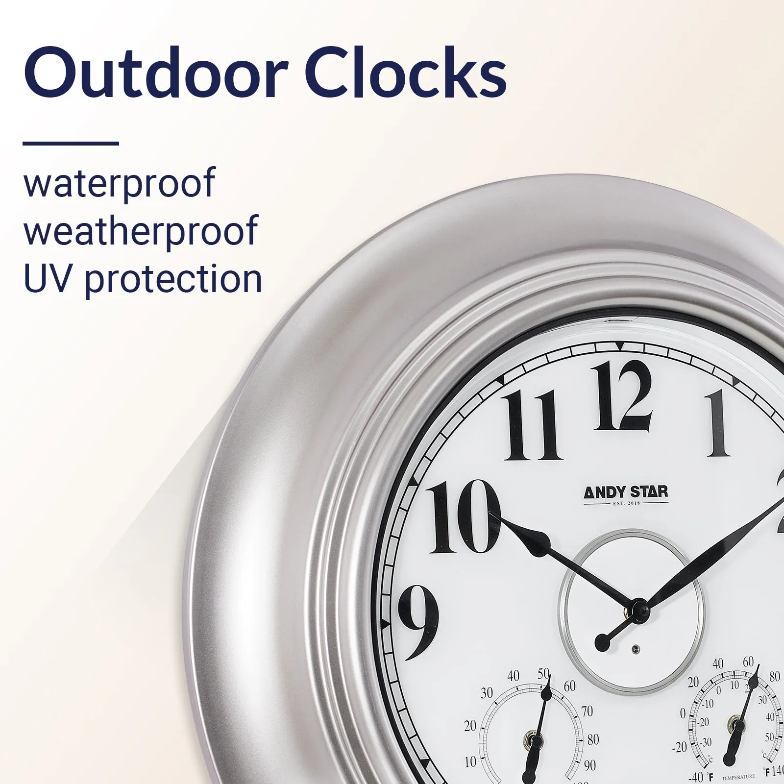 Modern Smart Illuminated Outdoor Wall Clock with Thermometer Weatherproof | Silver,21 inch