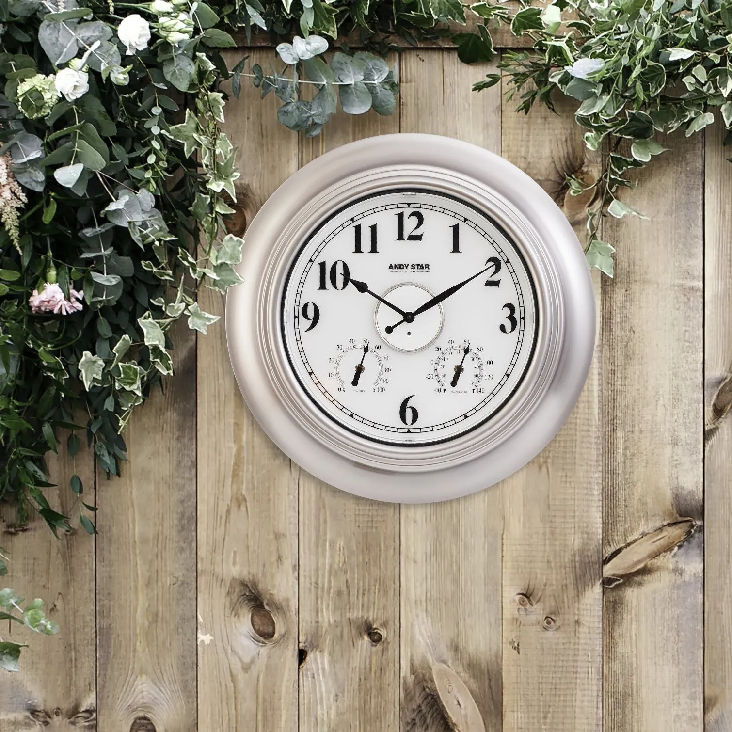 Modern Smart Illuminated Outdoor Wall Clock with Thermometer Weatherproof | Silver,21 inch