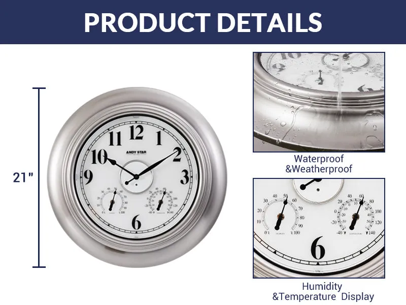 Modern Smart Illuminated Outdoor Wall Clock with Thermometer Weatherproof | Silver,21 inch