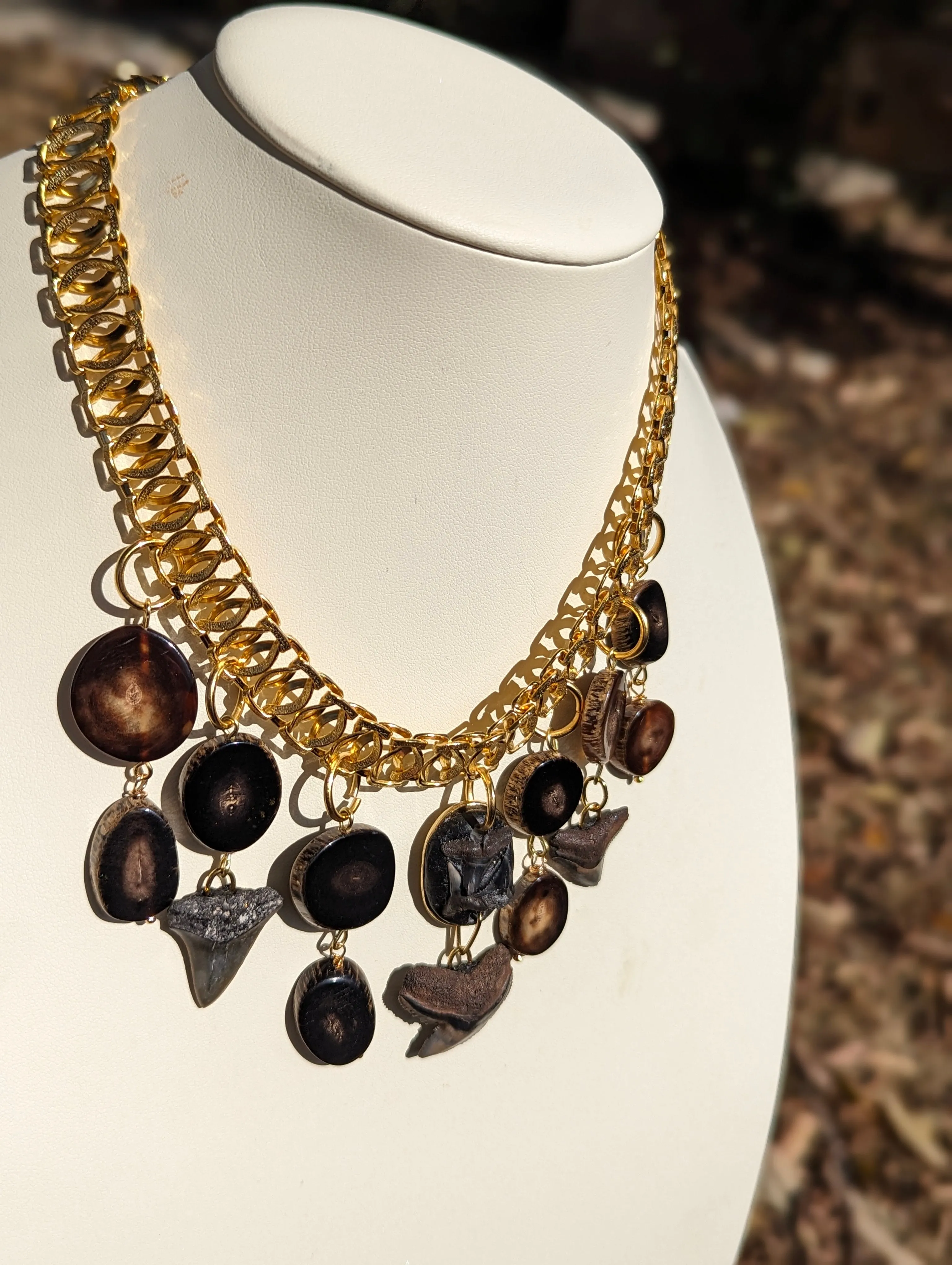 One-of-a-Kind Fossilized Shark Teeth and Vintage Horn Necklace - Designed by Award-Winning Artist Sugar Gay Isber