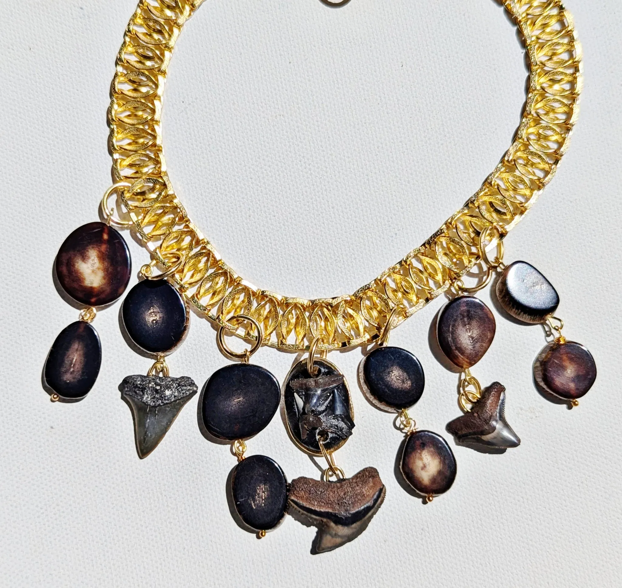 One-of-a-Kind Fossilized Shark Teeth and Vintage Horn Necklace - Designed by Award-Winning Artist Sugar Gay Isber