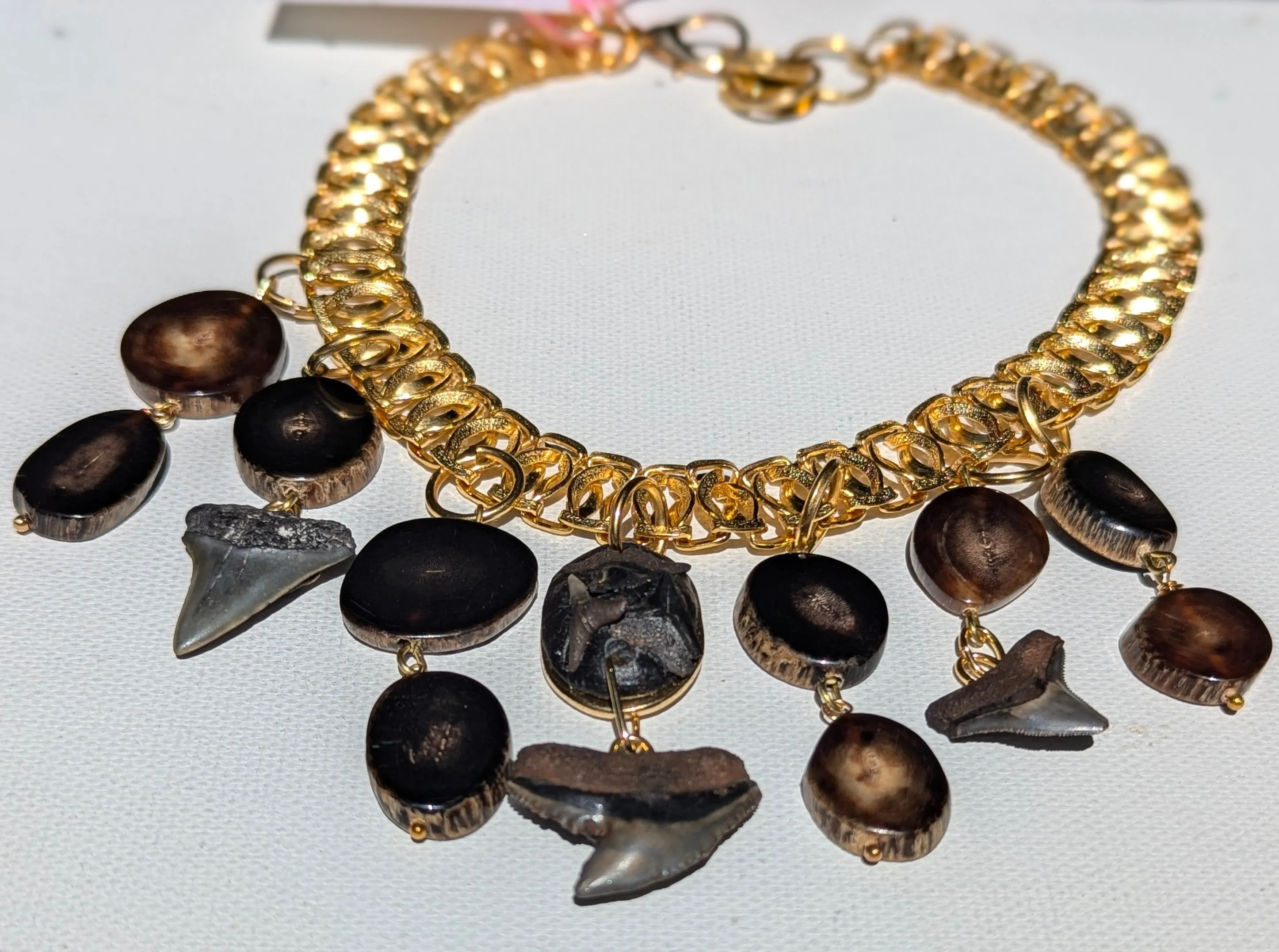 One-of-a-Kind Fossilized Shark Teeth and Vintage Horn Necklace - Designed by Award-Winning Artist Sugar Gay Isber