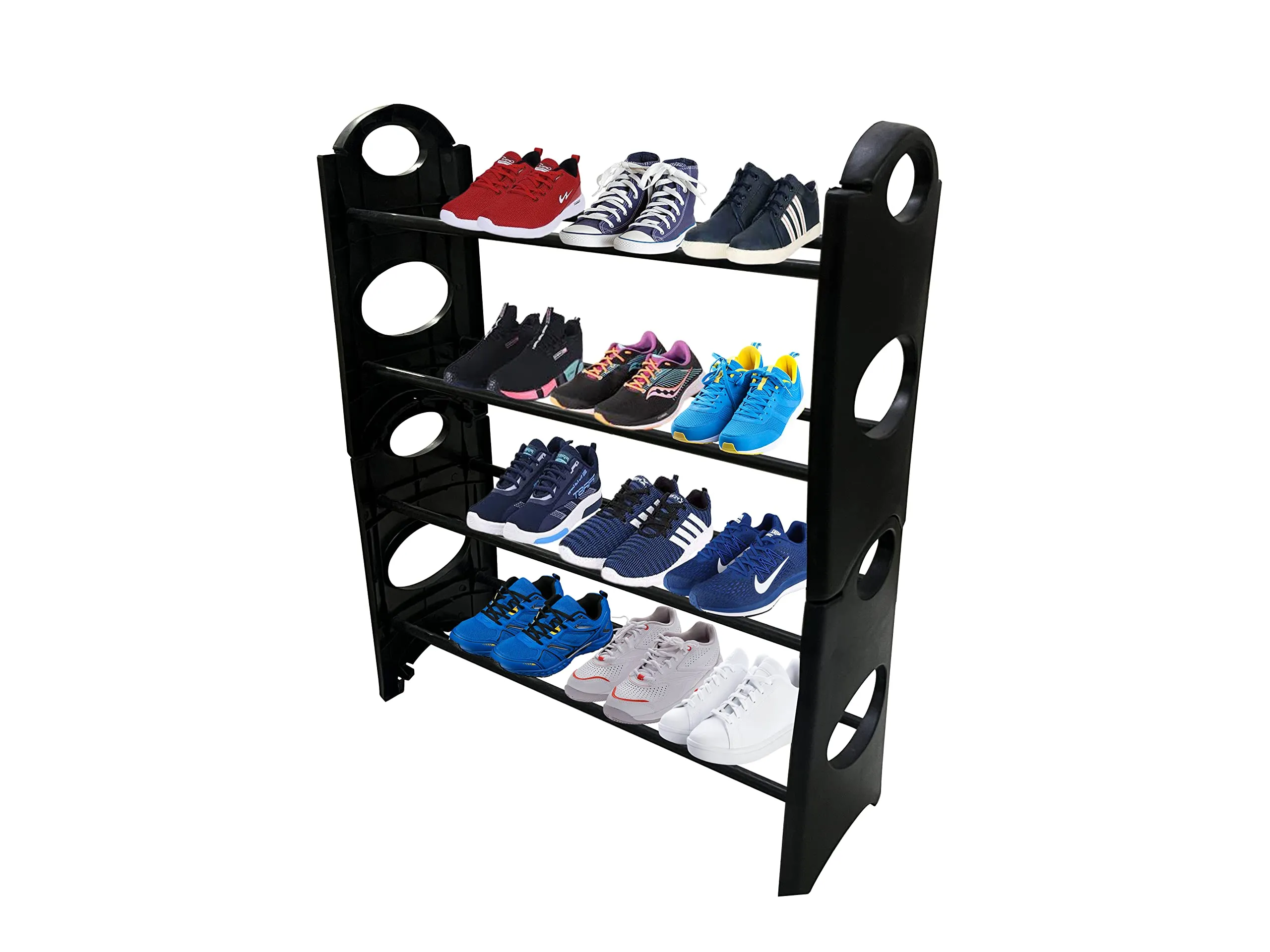 PHILOSHOP Multipurpose 4 Shelves Shoe Rack, Foldable, 12 Pairs, Metal & Plastic (Rustproof, Black)