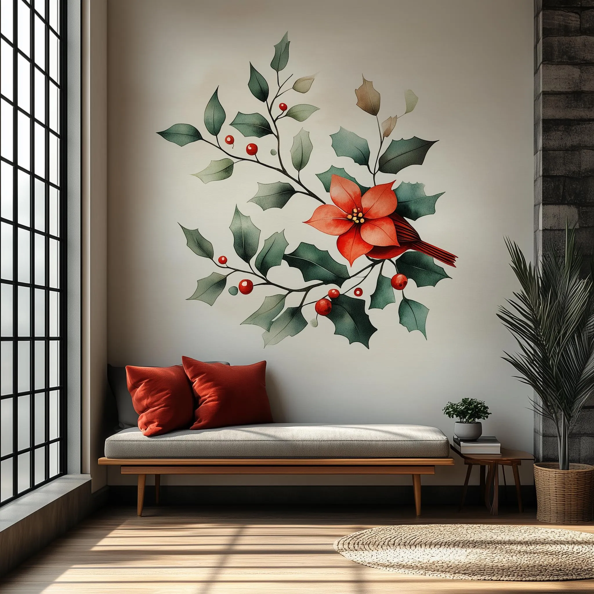 Poinsettia Holly Wall Mural | Christmas Floral Wall Art | Holiday Wall Decor | Red Flower & Berries Decal | Winter Botanical Wall Sticker