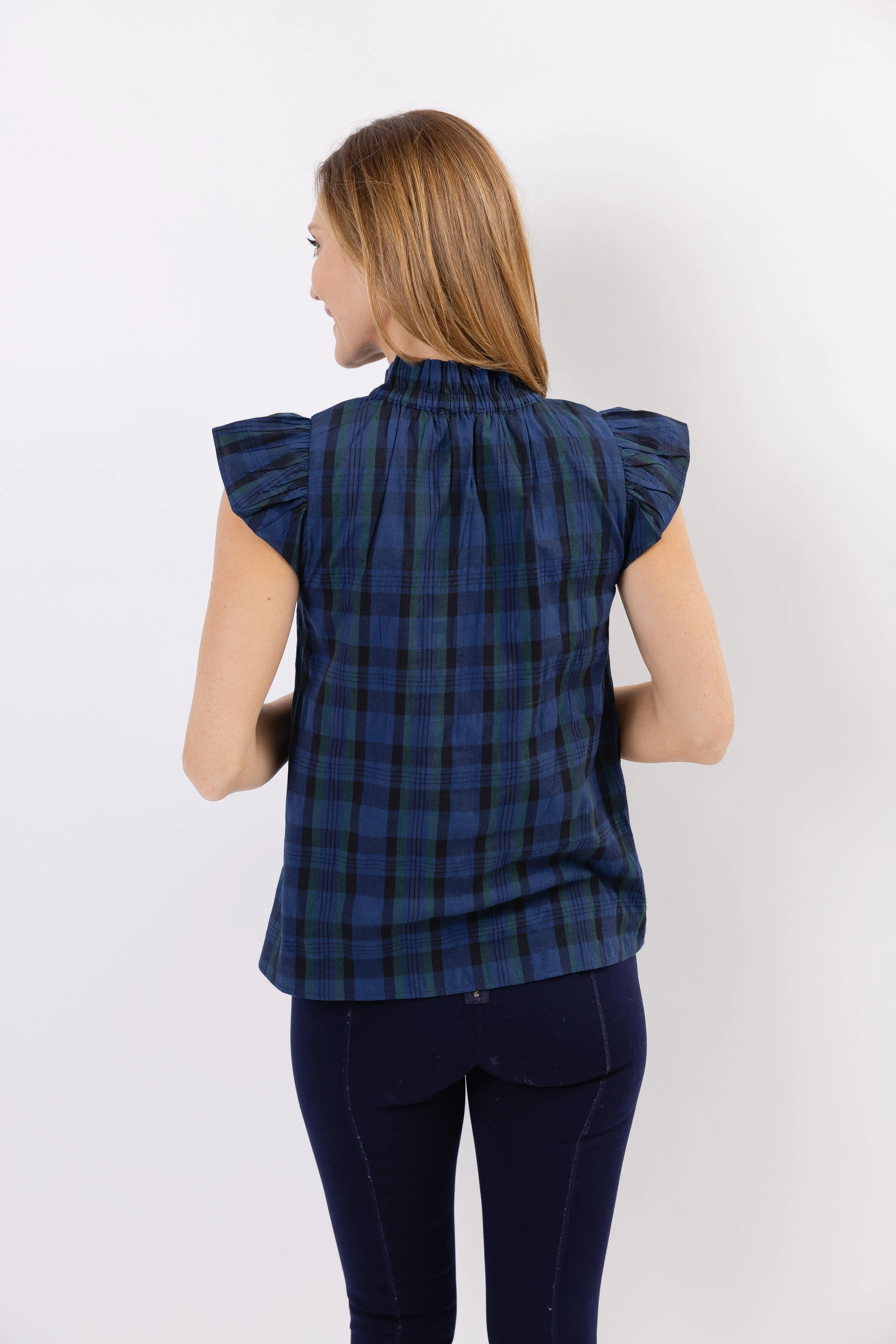 Sail To Sable Flutter Sleeve Top - Blackwatch Plaid