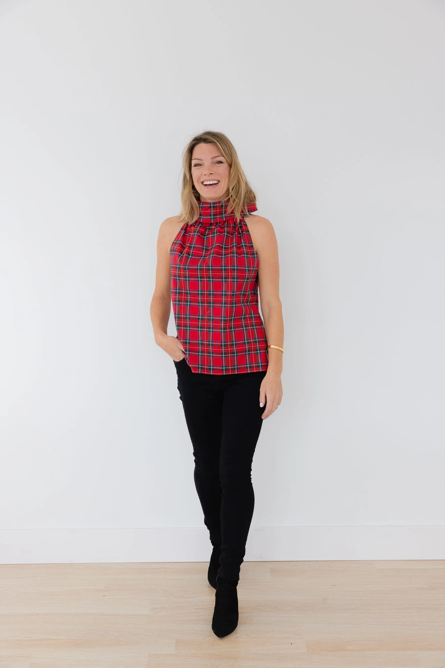 Sail to Sable Sleeveless Cowl Neck Button Back Top - Red Plaid