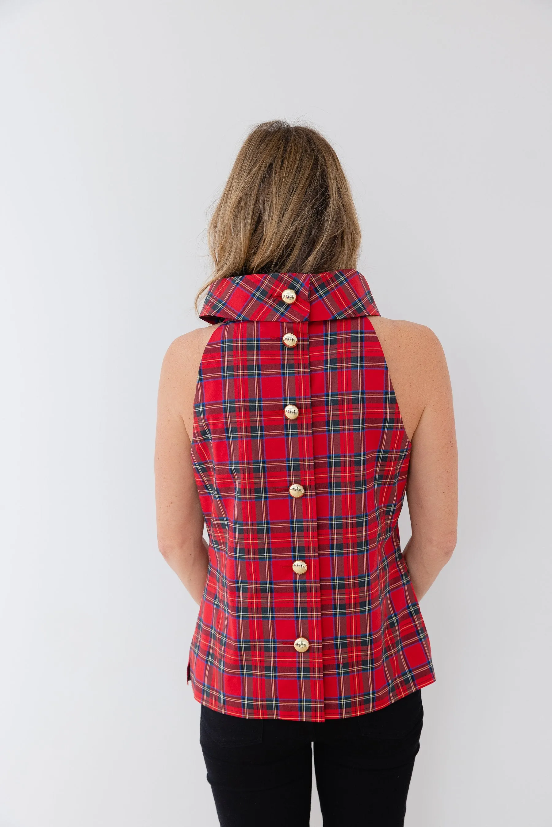 Sail to Sable Sleeveless Cowl Neck Button Back Top - Red Plaid