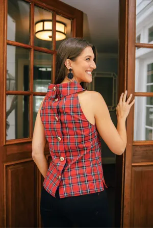 Sail to Sable Sleeveless Cowl Neck Button Back Top - Red Plaid