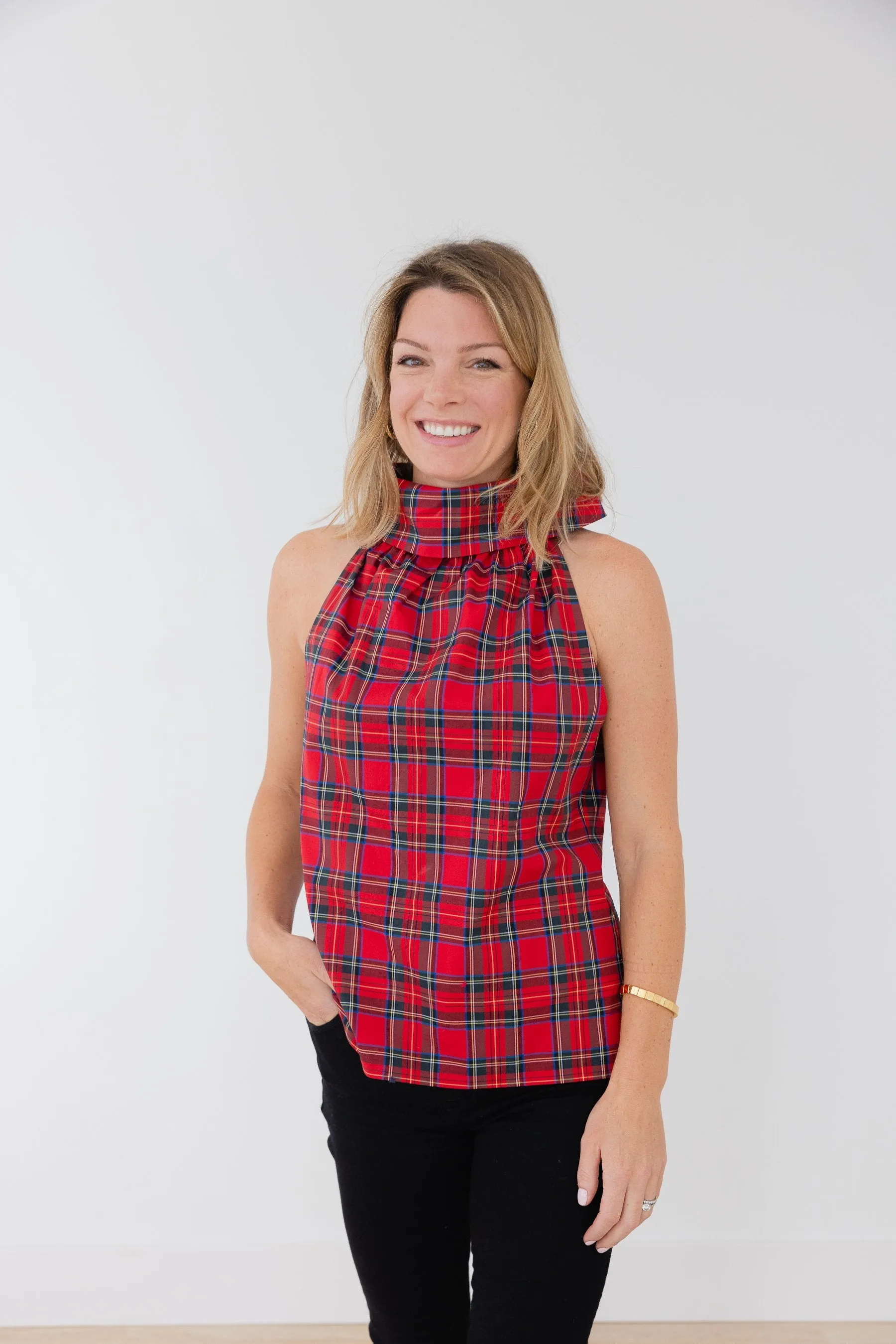 Sail to Sable Sleeveless Cowl Neck Button Back Top - Red Plaid