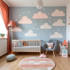 Serene Sky Themed Wall Stickers for Nursery - Dreamy Clouds and White Stars Decals for Kids Room