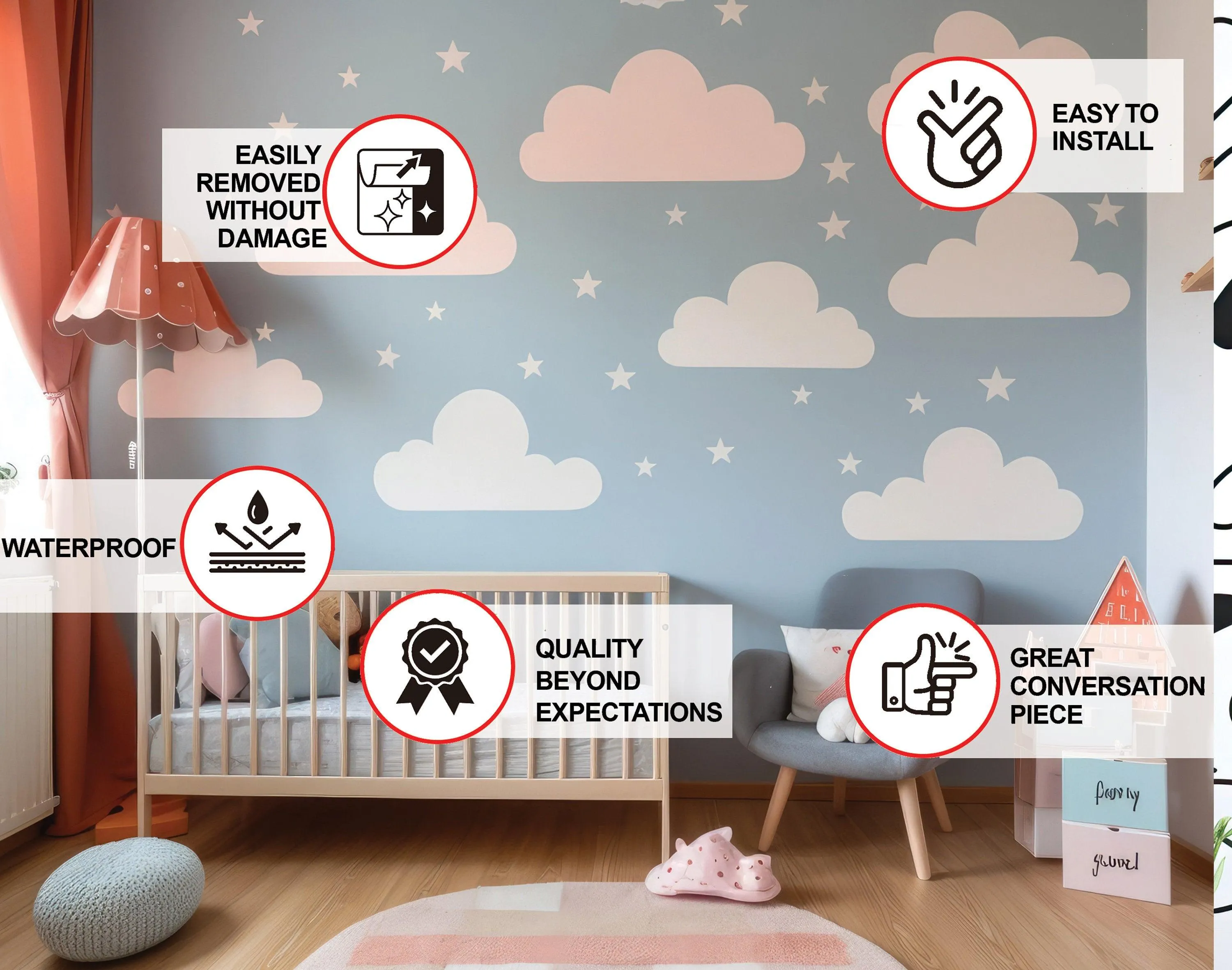 Serene Sky Themed Wall Stickers for Nursery - Dreamy Clouds and White Stars Decals for Kids Room