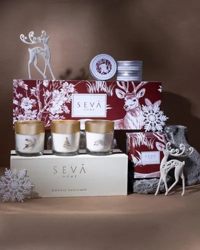 SEVA HOME Reindeer Cheer Hamper - Enchante Collection Festive Trio Candles Set   Travel Candles Set