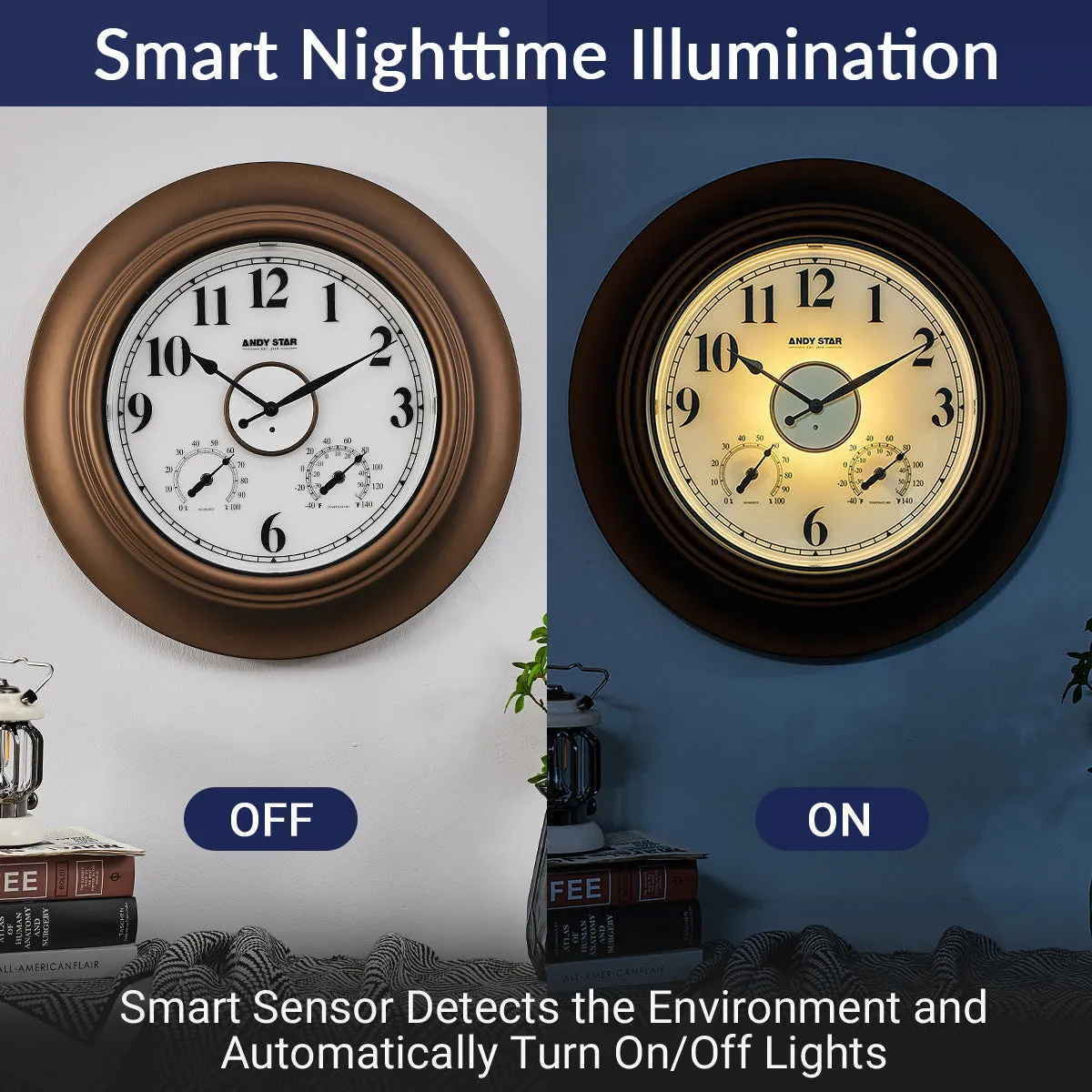 Smart Sensor Illuminated Outdoor Wall Clock with Thermometer | Bronze, 21 inch