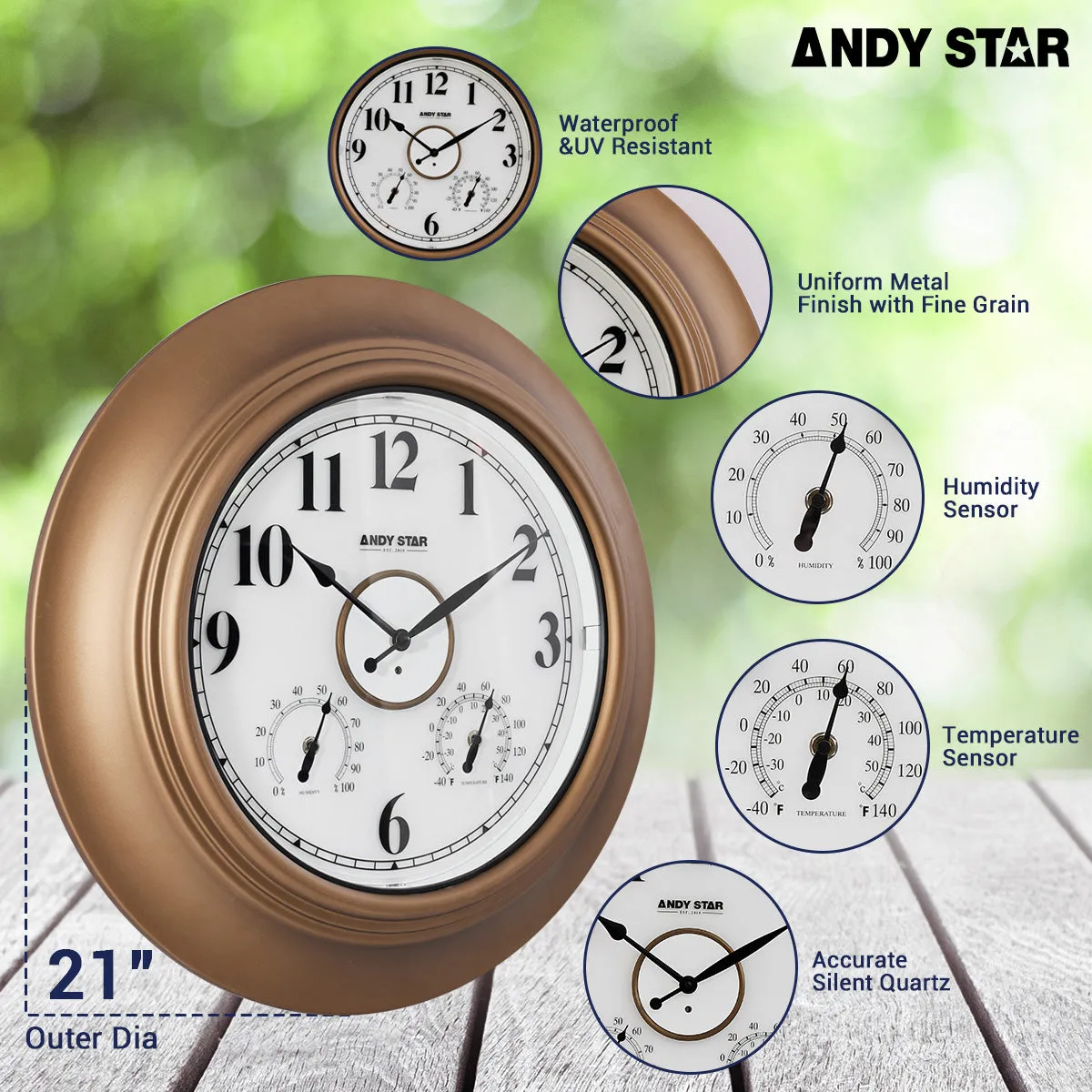 Smart Sensor Illuminated Outdoor Wall Clock with Thermometer | Bronze, 21 inch