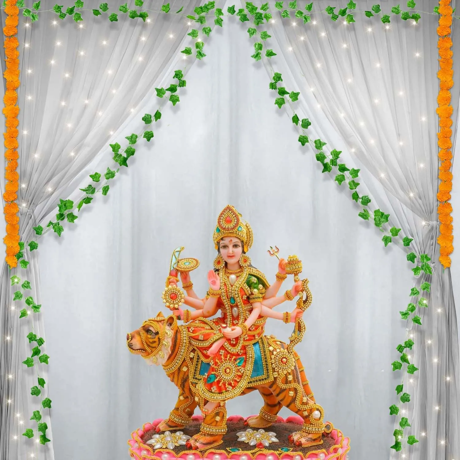 Special You 10 Piece Diwali decoration items for home decor with Net curtain, Artificial green vine, Marigold garland & Led light for Navratri, Laxmi pooja, Home backdrop decoration items.