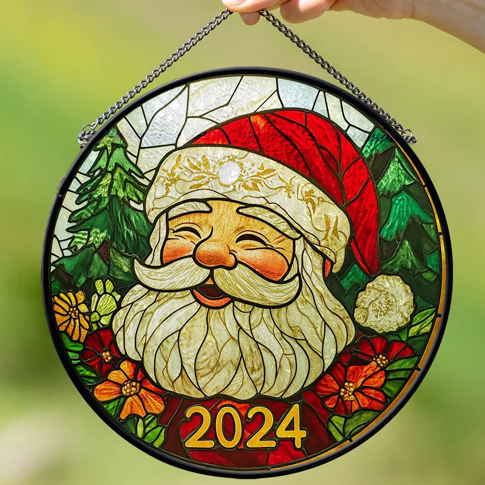 Teesdily | Christmas Santa Round Stained Glass Suncatcher, Noel Santa Claus And Reindeers Window Hanging Decor, Christmas Gifts