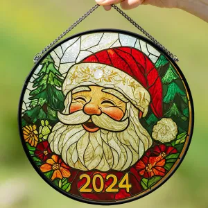 Teesdily | Christmas Santa Round Stained Glass Suncatcher, Noel Santa Claus And Reindeers Window Hanging Decor, Christmas Gifts