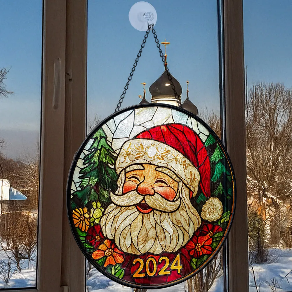 Teesdily | Christmas Santa Round Stained Glass Suncatcher, Noel Santa Claus And Reindeers Window Hanging Decor, Christmas Gifts