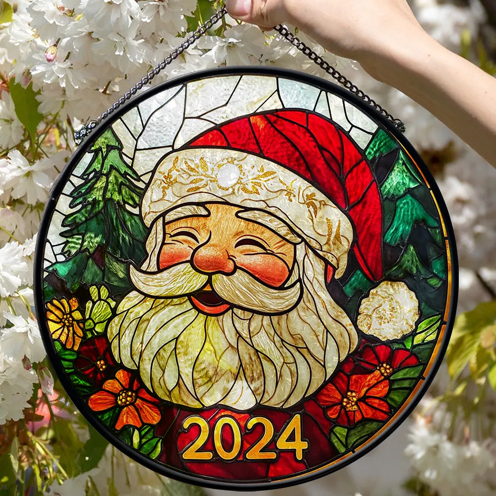 Teesdily | Christmas Santa Round Stained Glass Suncatcher, Noel Santa Claus And Reindeers Window Hanging Decor, Christmas Gifts