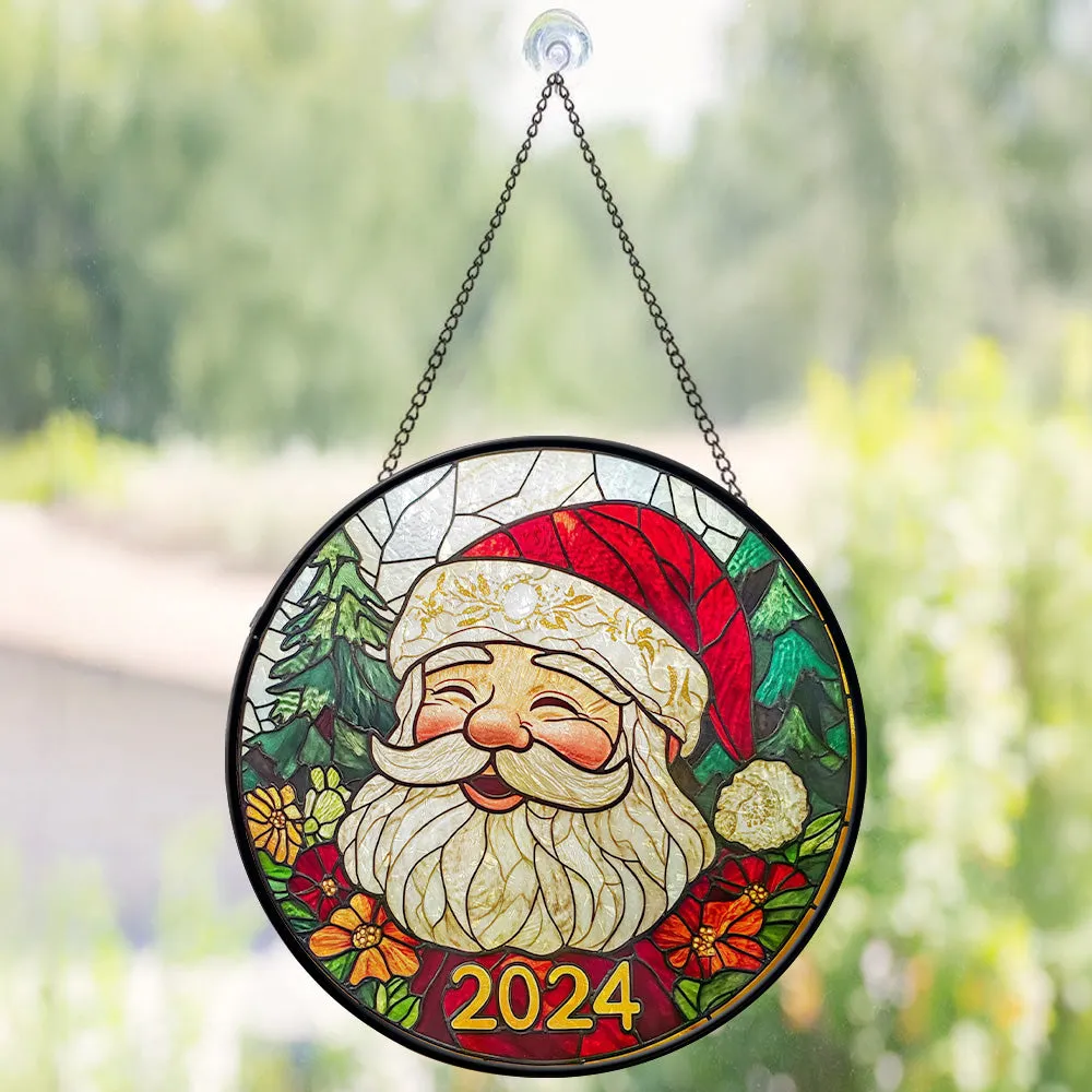 Teesdily | Christmas Santa Round Stained Glass Suncatcher, Noel Santa Claus And Reindeers Window Hanging Decor, Christmas Gifts