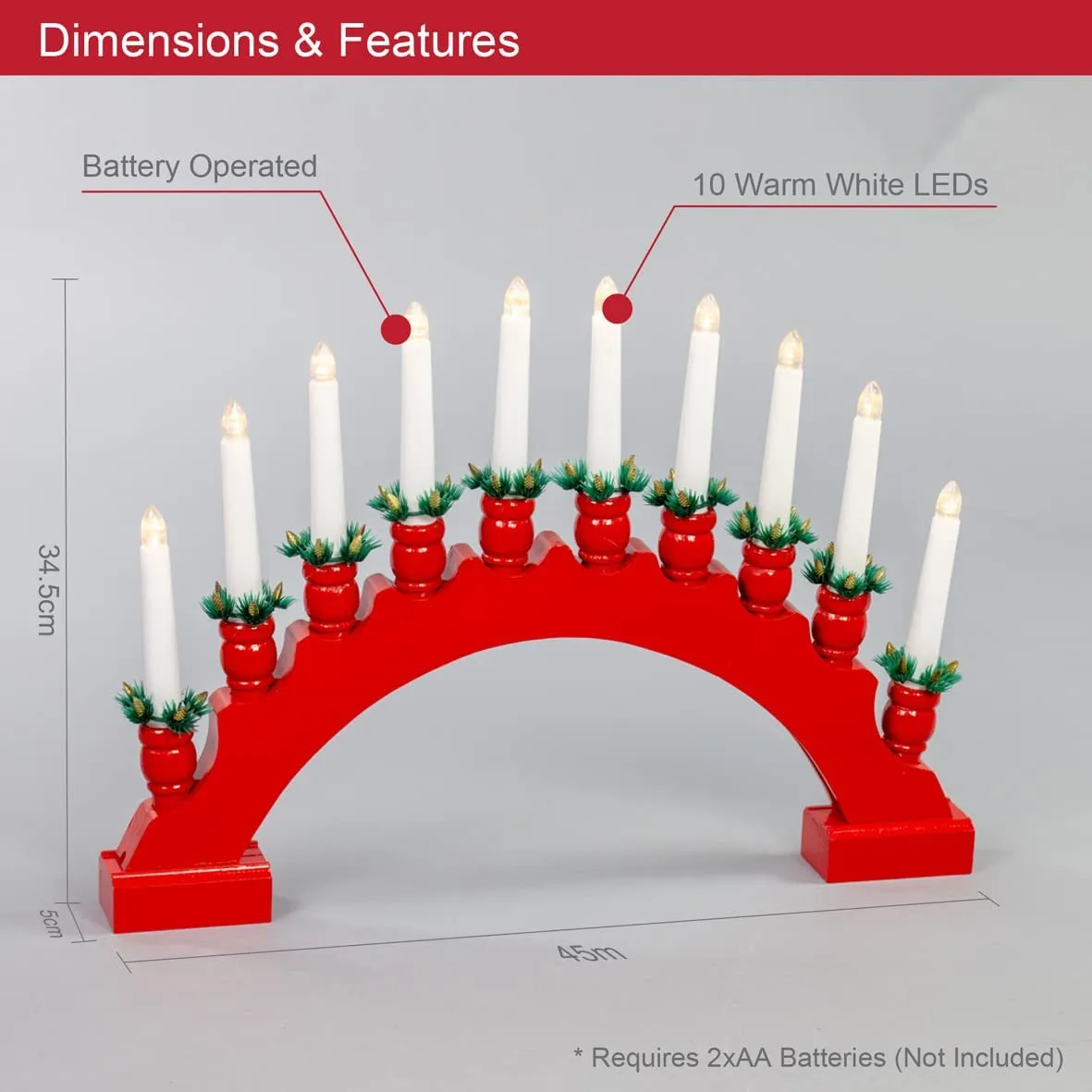 The Christmas Workshop 71169 Red Arched Wooden Bridge with Candle Holders / 10 Warm White LEDs/Indoor Christmas Decoration / 48cm x 34.5cm x 5cm / Battery Powered