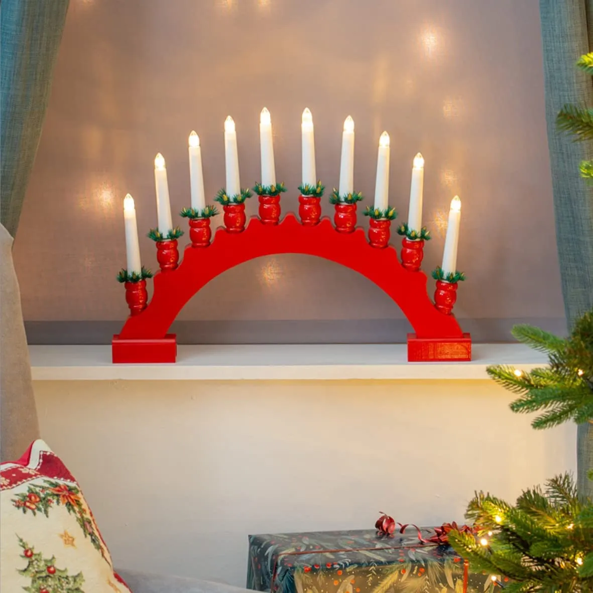 The Christmas Workshop 71169 Red Arched Wooden Bridge with Candle Holders / 10 Warm White LEDs/Indoor Christmas Decoration / 48cm x 34.5cm x 5cm / Battery Powered