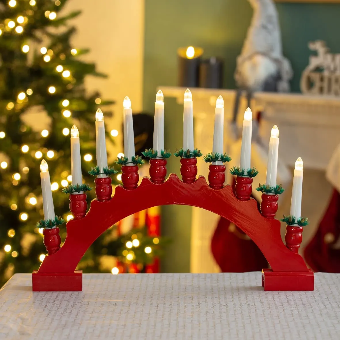 The Christmas Workshop 71169 Red Arched Wooden Bridge with Candle Holders / 10 Warm White LEDs/Indoor Christmas Decoration / 48cm x 34.5cm x 5cm / Battery Powered