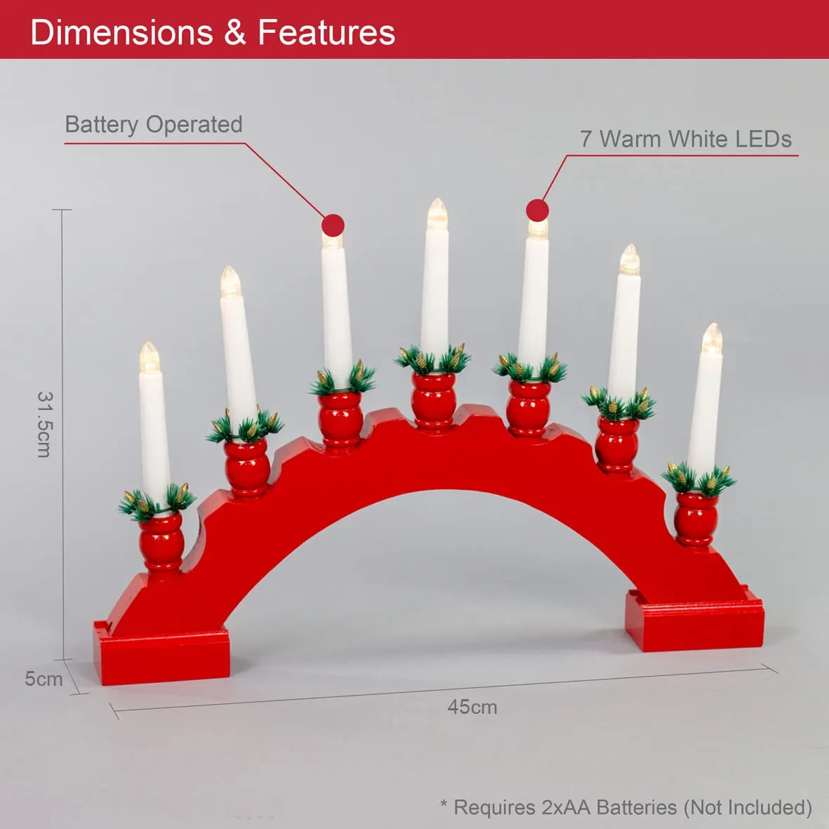 The Christmas Workshop 71179 Red Arched Wooden Bridge with Candle Holders / 7 Warm White LEDs/Indoor Christmas Decoration / 45cm x 31.5cm x 5cm / Battery Powered